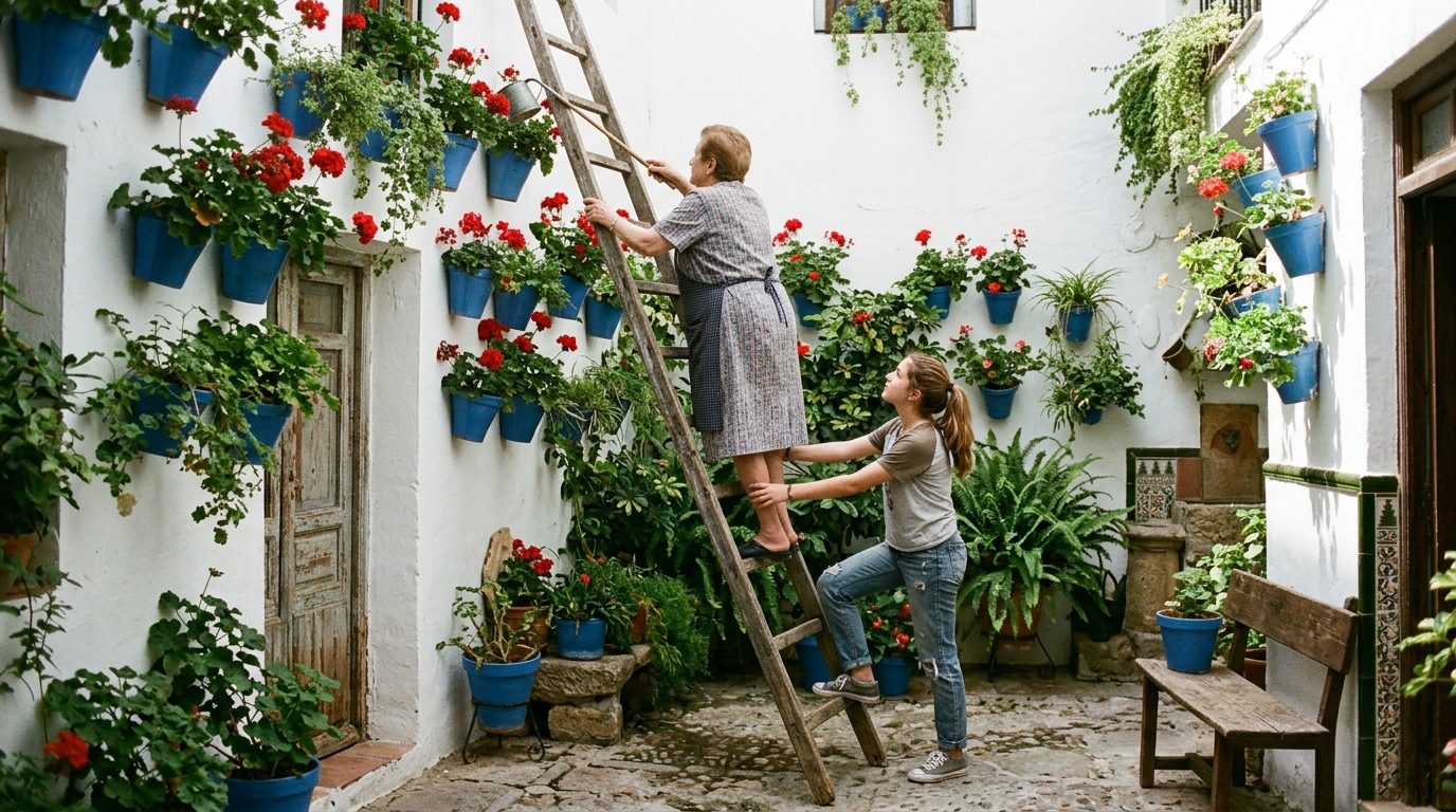 Grandmother and teenage granddaughter watering potted geraniums in a whitewashed Córdoba patio in May