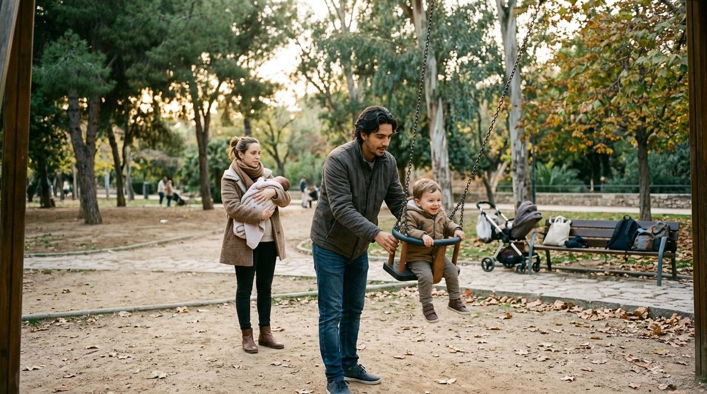 Young father pushing a toddler on a swing while the mother holds a newborn in a park in Valencia