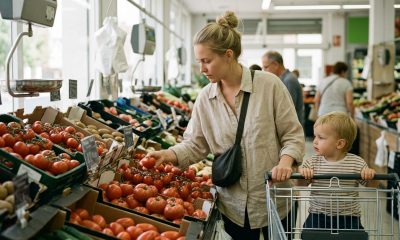 Young mother with a toddler in the trolley choosing tomatoes in a bright supermarket produce aisle in Valencia