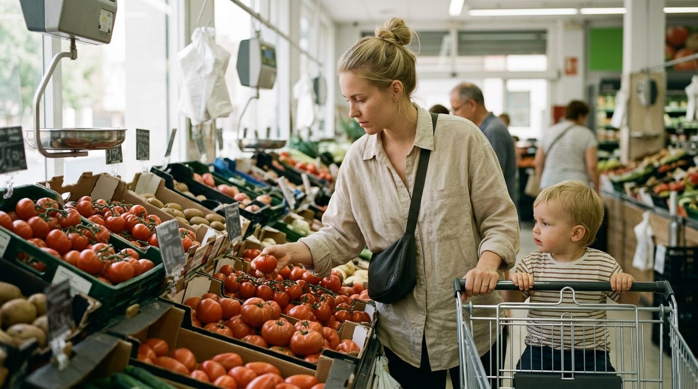 Young mother with a toddler in the trolley choosing tomatoes in a bright supermarket produce aisle in Valencia